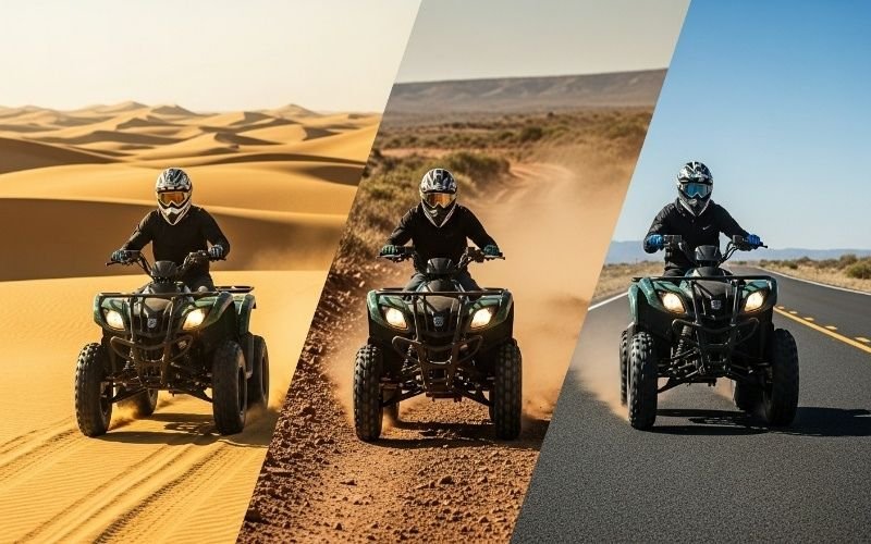 Riders driving quad bikes through desert dunes, off road trails, and asphalt roads, showcasing different adventure terrains.