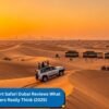 Tourists in a 4x4 vehicle enjoying sunset views over Dubai’s golden dunes during a desert safari — showcasing Desert Safari Dubai reviews in real experience.