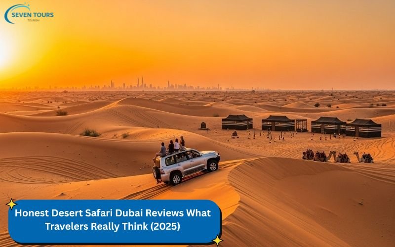 Tourists in a 4x4 vehicle enjoying sunset views over Dubai’s golden dunes during a desert safari — showcasing Desert Safari Dubai reviews in real experience.