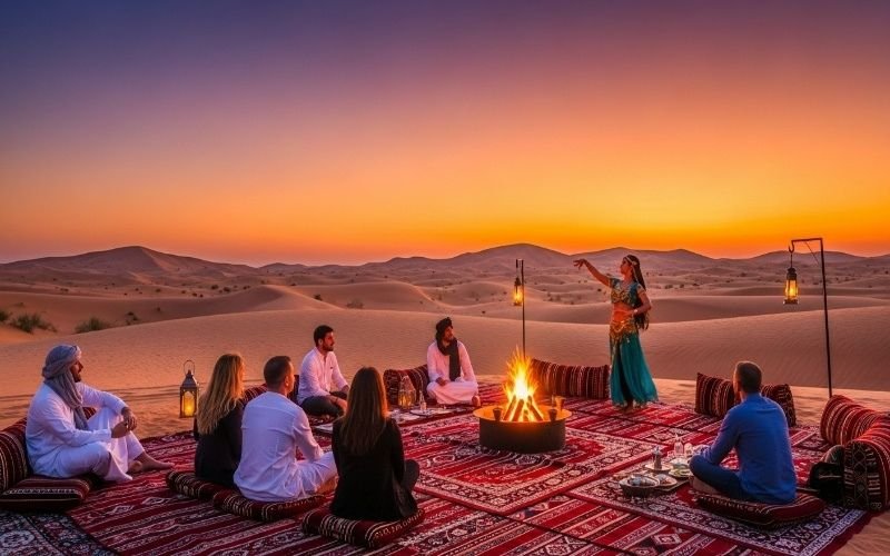 Tourists sitting around a campfire in the Dubai desert at sunset, watching a traditional dance performance.