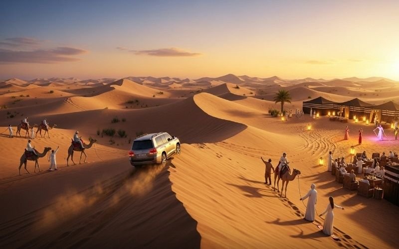 Tourists enjoying a desert safari in Dubai with camel rides, 4x4 dune bashing, and a traditional Bedouin camp at sunset.