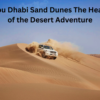 “Abu Dhabi sand dunes at sunset with golden desert landscape, ideal for desert safari and adventure tours.”