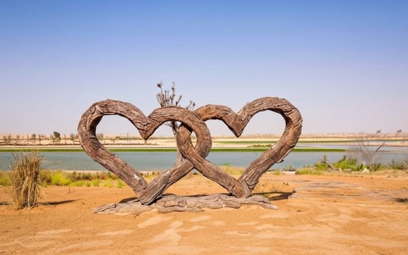 Two intertwined wooden heart sculptures in front of a lake at Love Lake Dubai, surrounded by desert sand and sparse greenery.