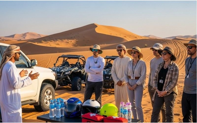 4x4 car driving over the red dunes of Al Badayer Desert during adventure safari