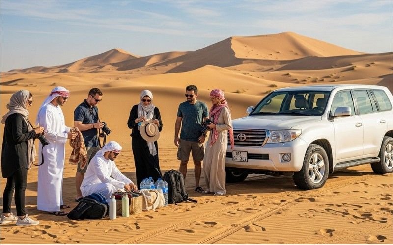 Photographer capturing golden hour light on the red dunes of Al Badayer Desert
