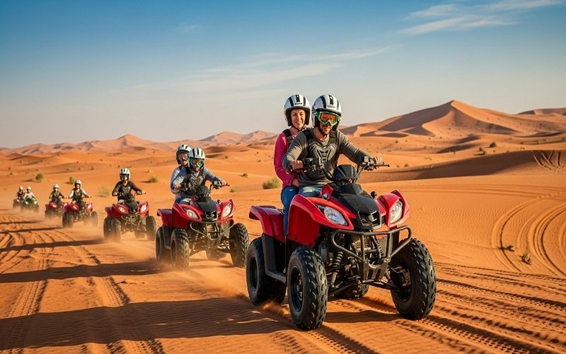 Group of tourists riding red quad bikes across golden desert dunes under a clear blue sky.