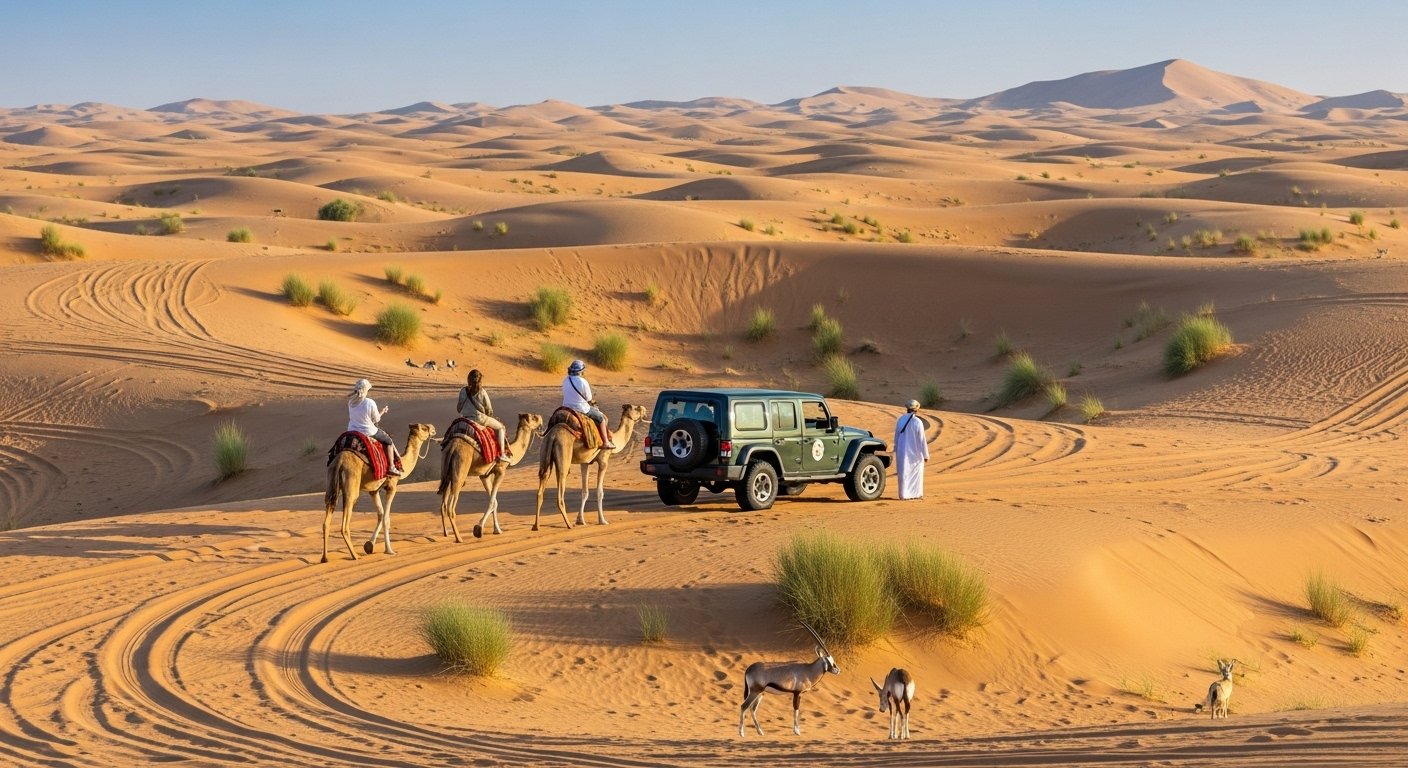 Abu Dhabi sand dunes adventure with tourists enjoying desert safari and camel trekking.