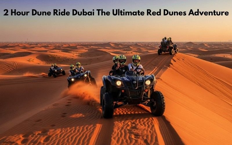Tourists enjoying a 2 hour dune buggy ride across the red dunes of Dubai at sunset