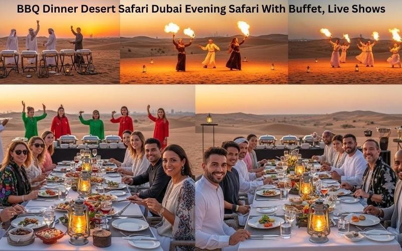 Guests enjoying a BBQ Dinner Desert Safari Dubai with live entertainment and desert dunes at sunset