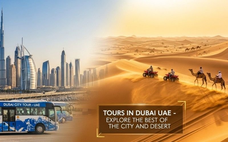 Tourists enjoying a city sightseeing tour in Dubai UAE with Burj Khalifa in background