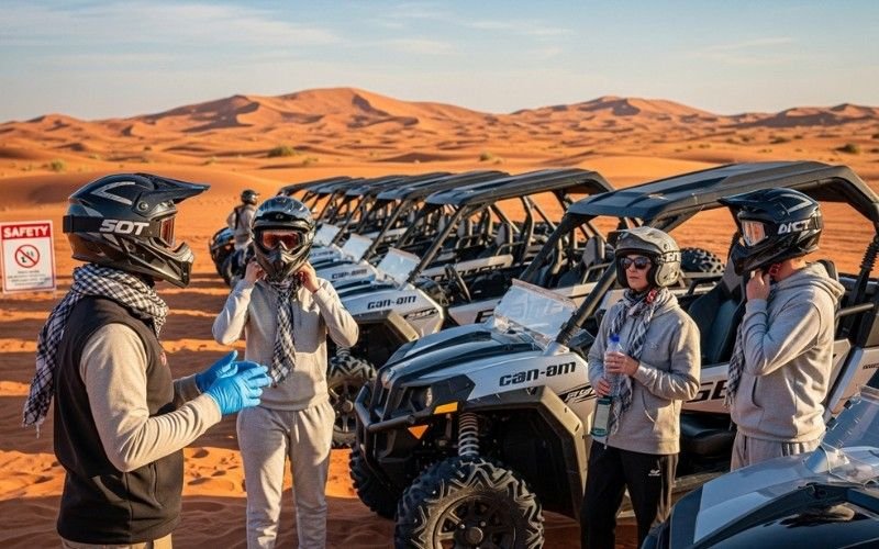 Group of friends enjoying a 2 hour desert dune buggy ride in Dubai under clear skies