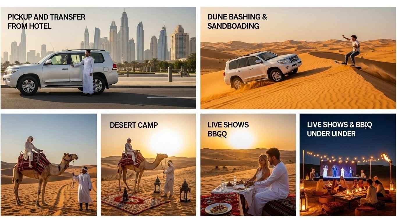 Family having fun on a BBQ Dinner Desert Safari Dubai, with camels and evening camp activities