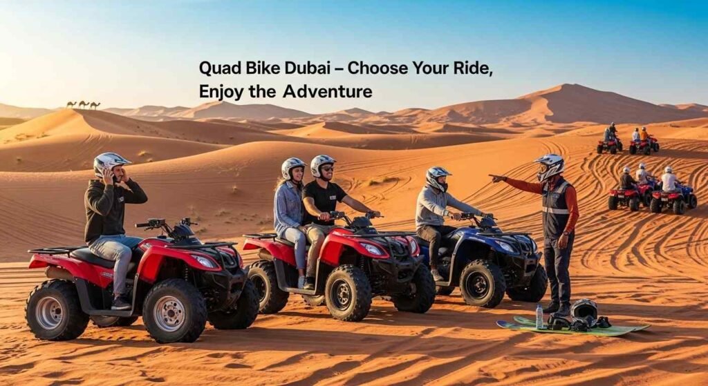 Group riding quad bikes in Dubai desert during excursion quad Dubai tour