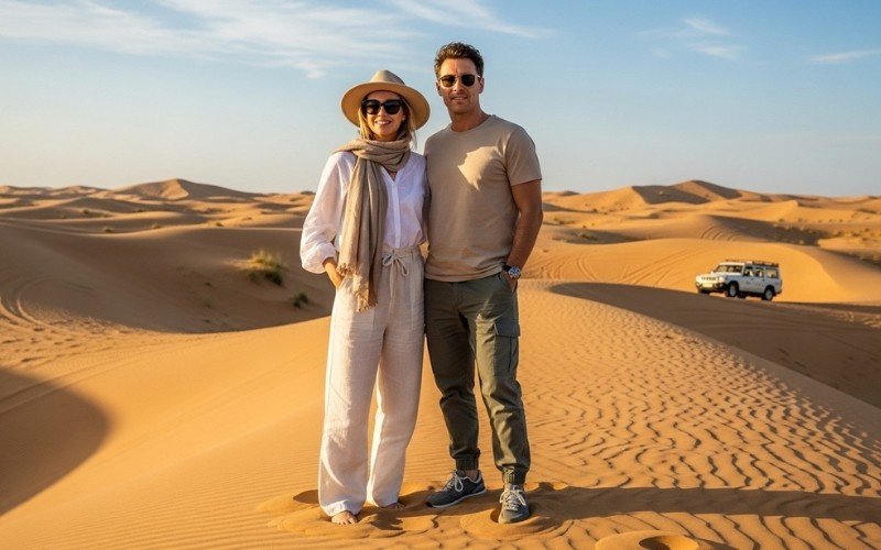 Men and women dressed in casual desert safari outfits standing on sand dunes