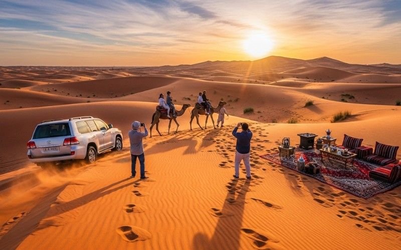 Dubai sunrise desert safari with dune bashing in 4x4 and camel ride across red dunes