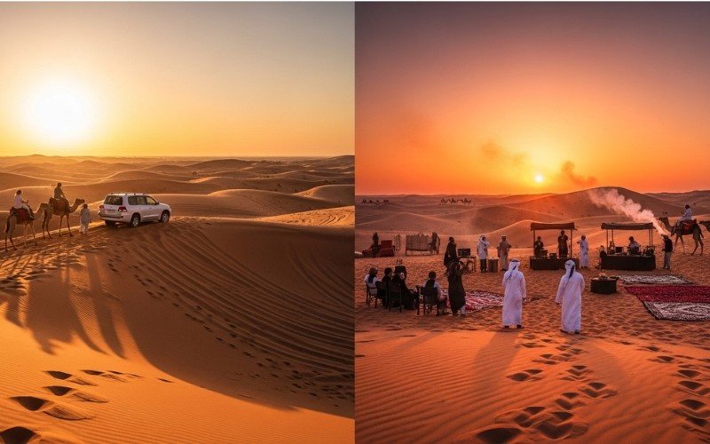 Tourists taking photos during a sunrise desert safari Dubai with red dunes and camels
