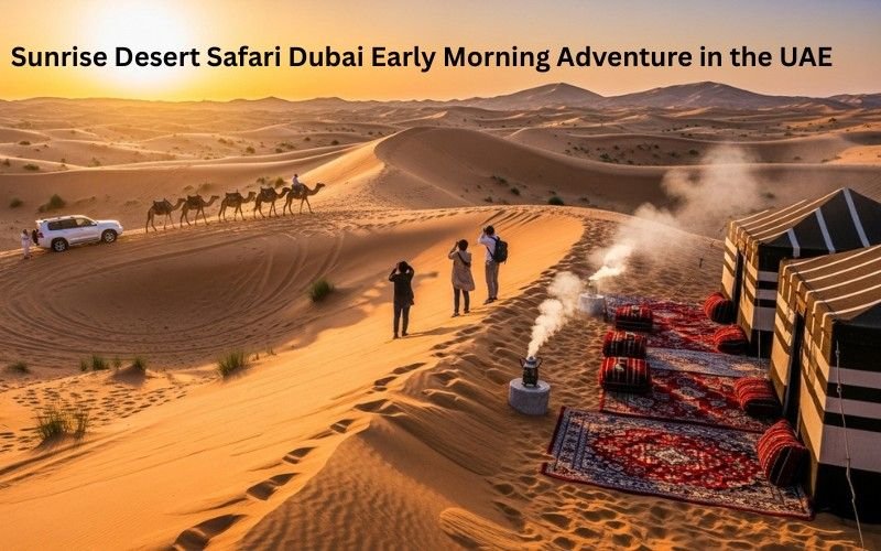 Early morning sunrise desert safari Dubai with red dunes and golden sunlight
