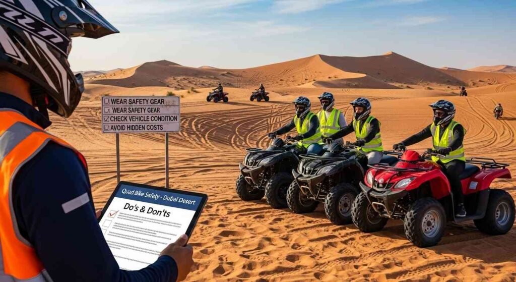 Rider on quad bike in Dubai desert at sunset
