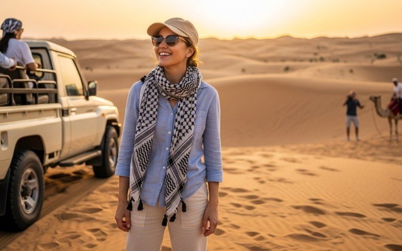 Traveler wearing a hat, scarf, and light desert safari outfit under the UAE sun