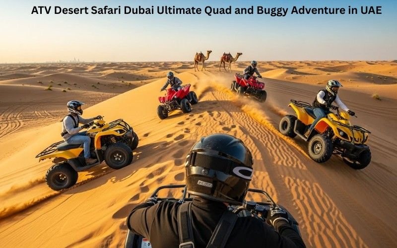 Quad bike riding across red sand dunes during an ATV desert safari in Dubai