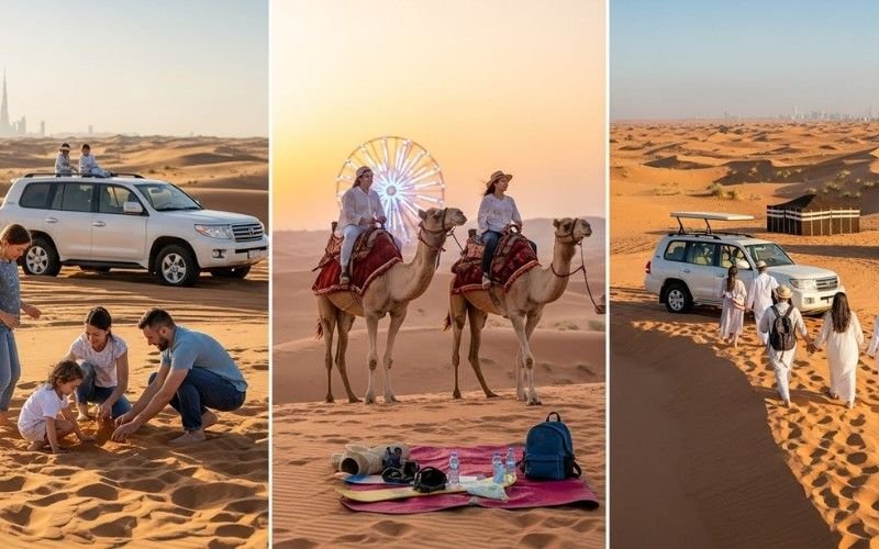  Children and parents riding camels on Dubai desert safari family tour
