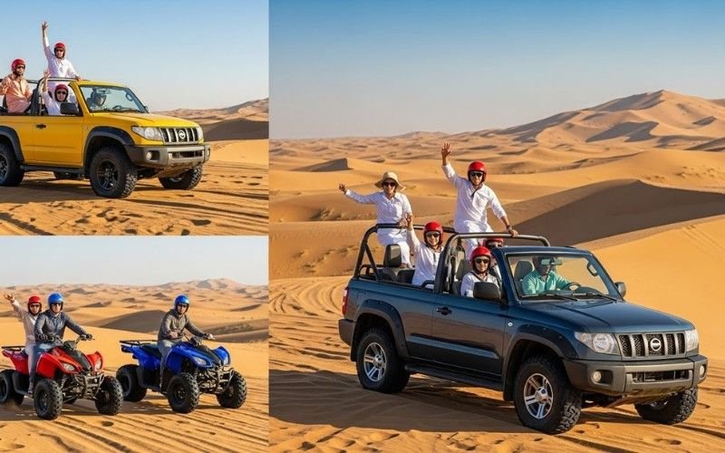 Tourists enjoying camel ride and sandboarding during a private morning desert safari Dubai
