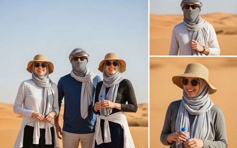Men and women in proper attire following Dubai Desert Safari Dress Code with hats and sunglasses