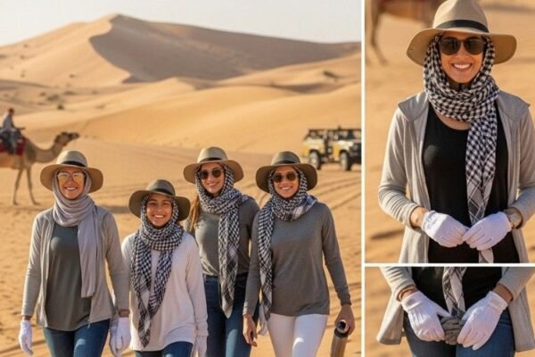 Travelers wearing light and comfortable clothes for Dubai Desert Safari Dress Code during daytime