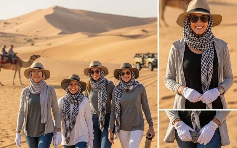 Travelers wearing light and comfortable clothes for Dubai Desert Safari Dress Code during daytime