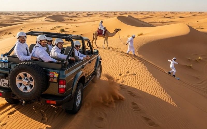 4x4 vehicle driving over sand dunes during morning desert safari Dubai
