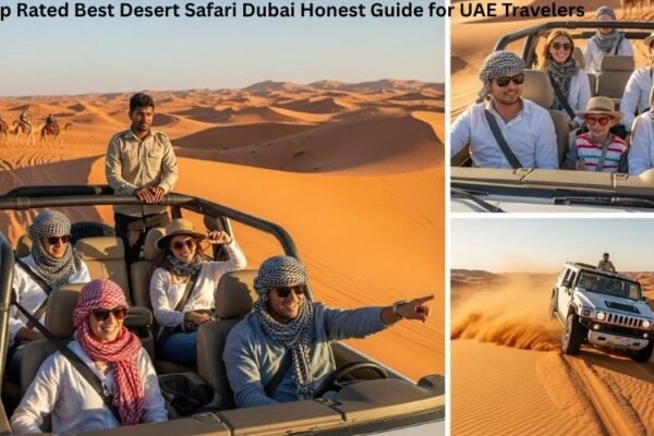 Tourists enjoying dune bashing during the top rated desert safari Dubai experience