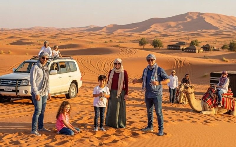 Family enjoying BBQ dinner and live shows at Dubai desert safari
