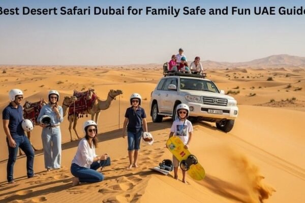 Family riding 4x4 dune bashing in Dubai desert during family safari