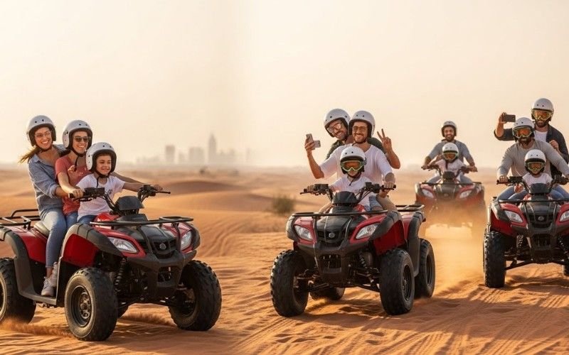  Family riding ATVs and taking photos during a Dubai desert safari tour