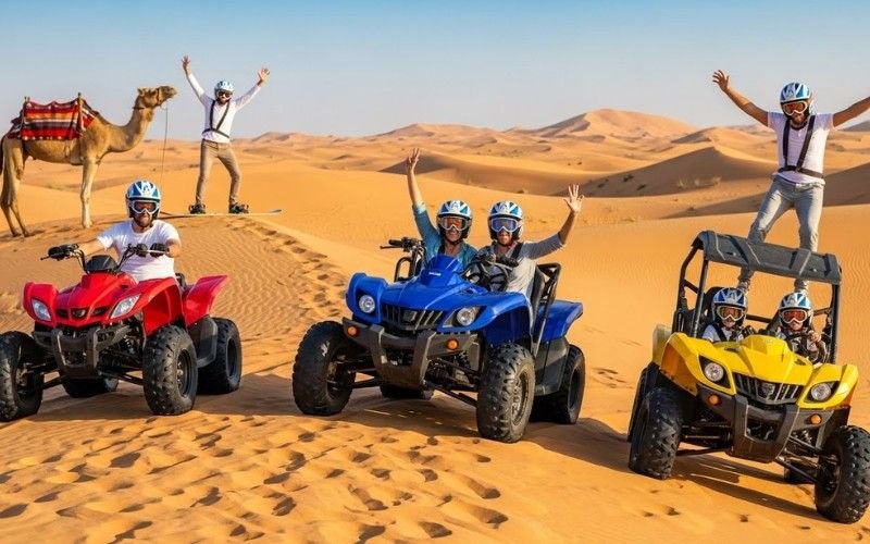 Four-seater buggy carrying family in Dubai desert