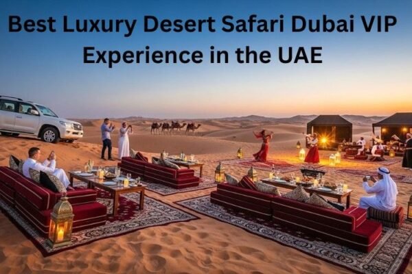 Luxury desert safari Dubai camp with VIP seating and lights