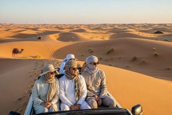 Sunrise over Dubai desert with private 4x4 safari vehicle