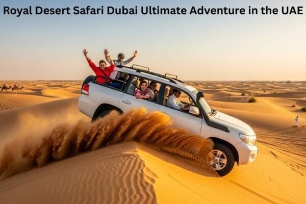 Luxury 4x4 vehicle driving in Dubai desert during sunset on a royal desert safari