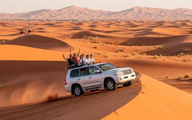 Adventurers sandboarding on red dunes during a Red Sand Desert Safari Dubai
