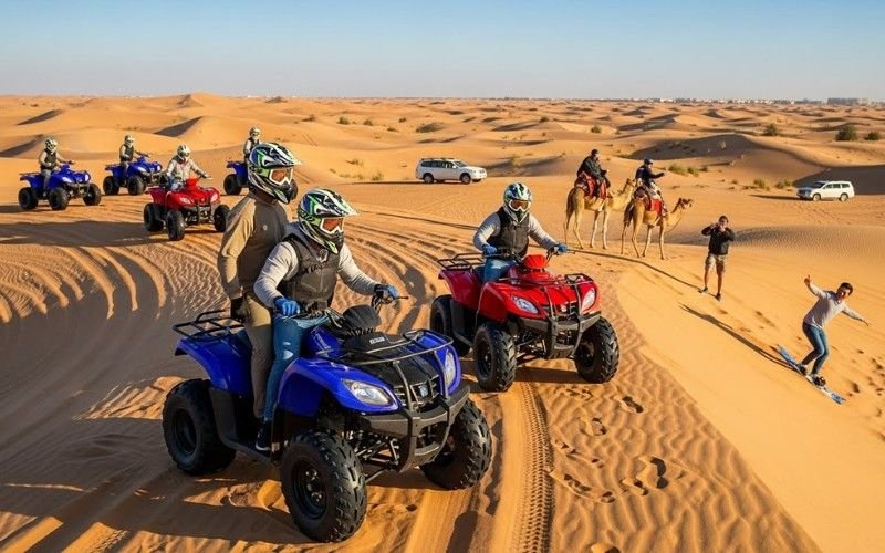 ATV desert safari at sunset with riders on quad bikes in Dubai desert
