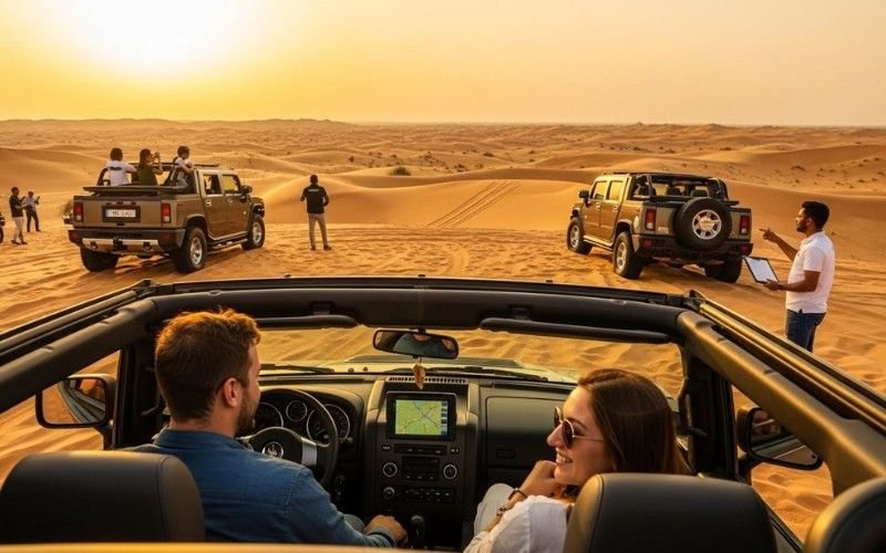 Guests enjoying sandboarding and photography during a VIP Hummer desert safari Dubai