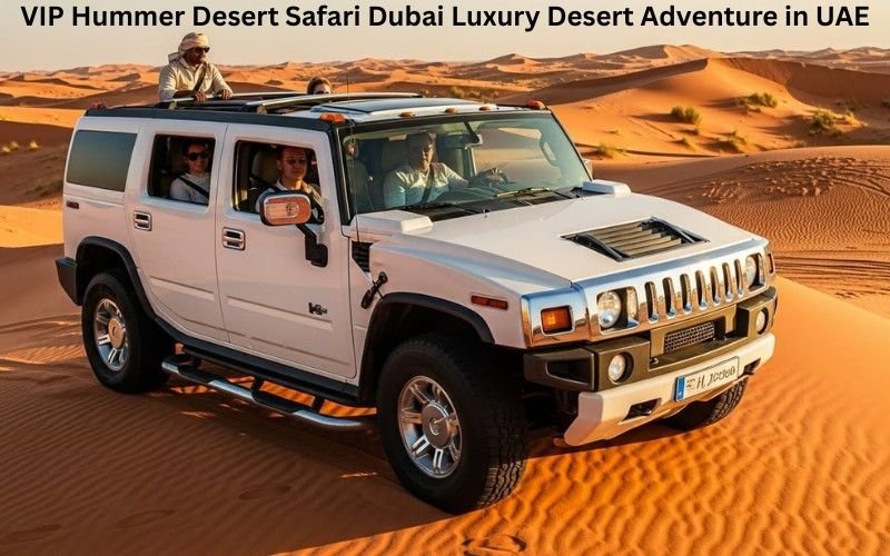 Tourists enjoying a VIP Hummer desert safari Dubai on golden dunes