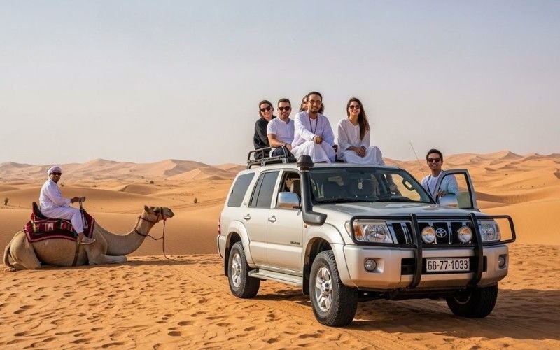 Group desert safari Dubai guests enjoying BBQ dinner and live entertainment at the desert camp