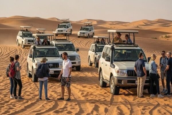 Group-pickup-desert-safari-Dubai-with-4x4-vehicles-driving-on-sand