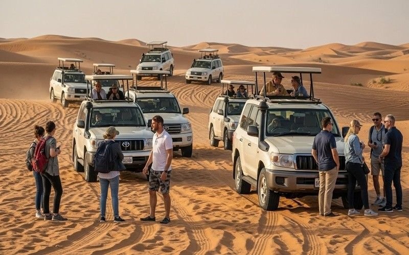Group-pickup-desert-safari-Dubai-with-4x4-vehicles-driving-on-sand
