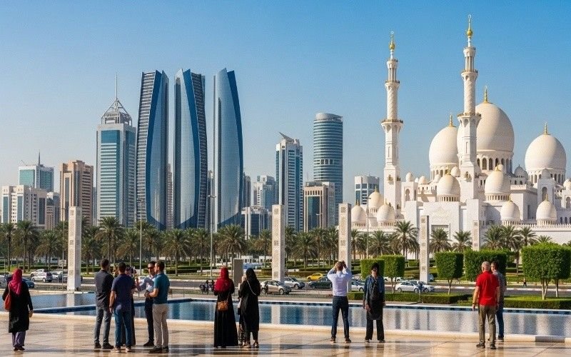 Abu-Dhabi-skyline-with-Sheikh-Zayed-Grand-Mosque,-tourists-exploring-city-attractions.
