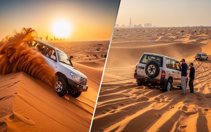 Comparison-of-private-vs-shared-desert-safari-Dubai-showing-comfort-and-crowd-difference