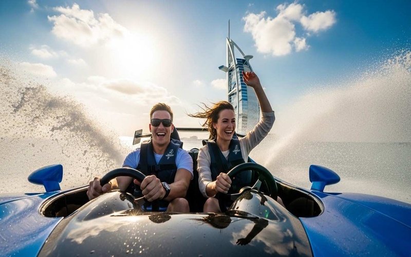 Couple-enjoying-jet-car-ride-near-Burj-Al-Arab-Dubai-water-splashing-around1