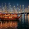 Dhow-cruise-dinner-at-Dubai-Marina-with-city-lights-and-yachts-at-night