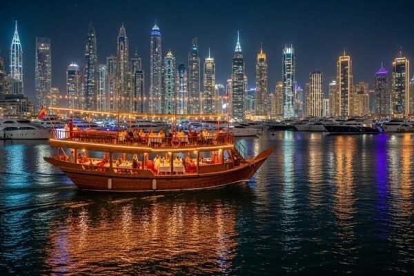 Dhow-cruise-dinner-at-Dubai-Marina-with-city-lights-and-yachts-at-night